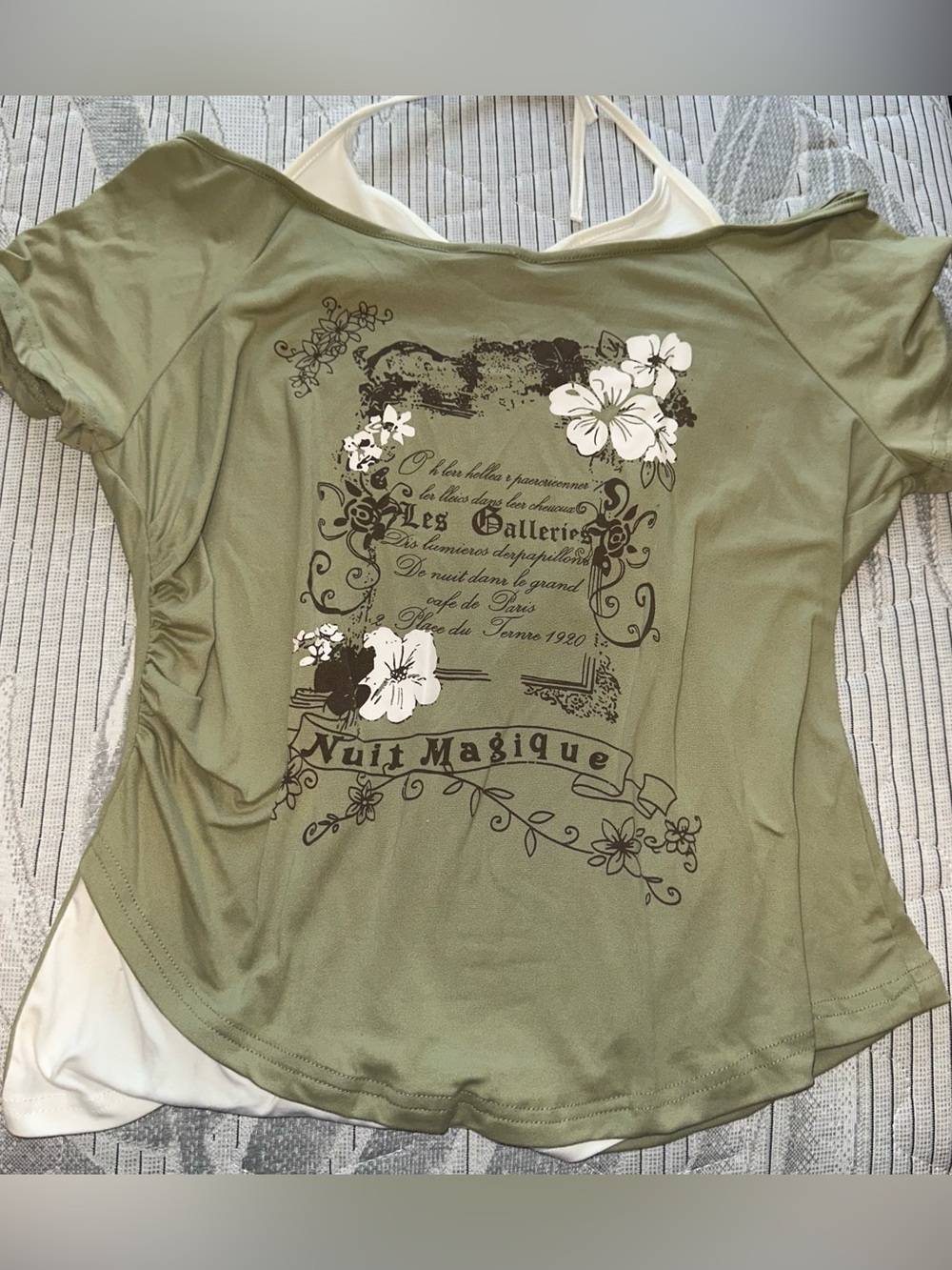 Green off the shoulder top with white floral graphic
